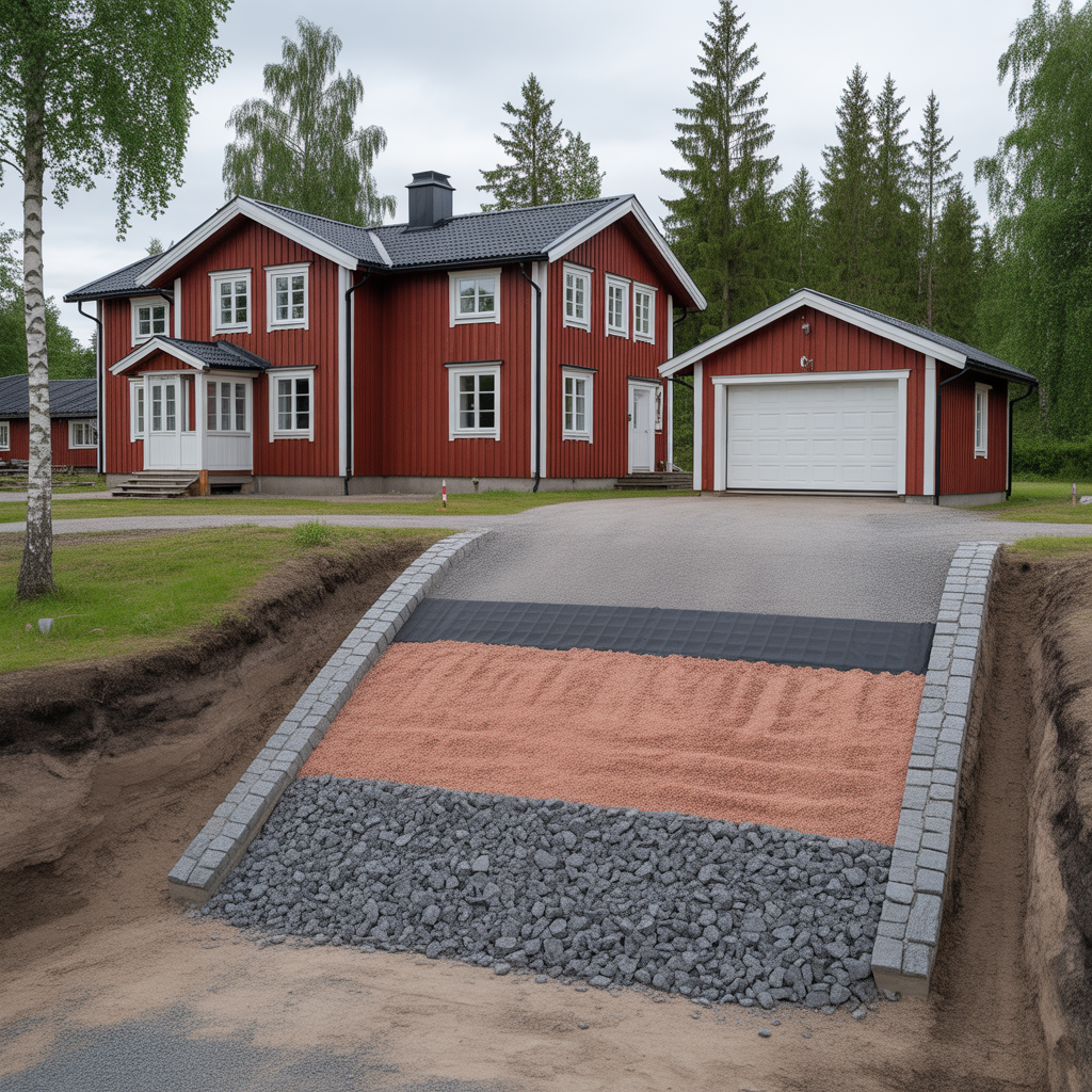 barlager till garageuppfart tjocklek material och kostnad